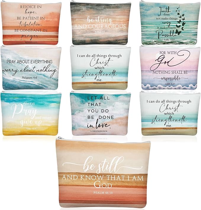 10Pcs Christian Gifts for Women Religious Cosmetic Bags Inspirational Bible Verse Pencil Pouch Canvas Makeup Bags Bulk with Zipper for Mother Sister Church Favors