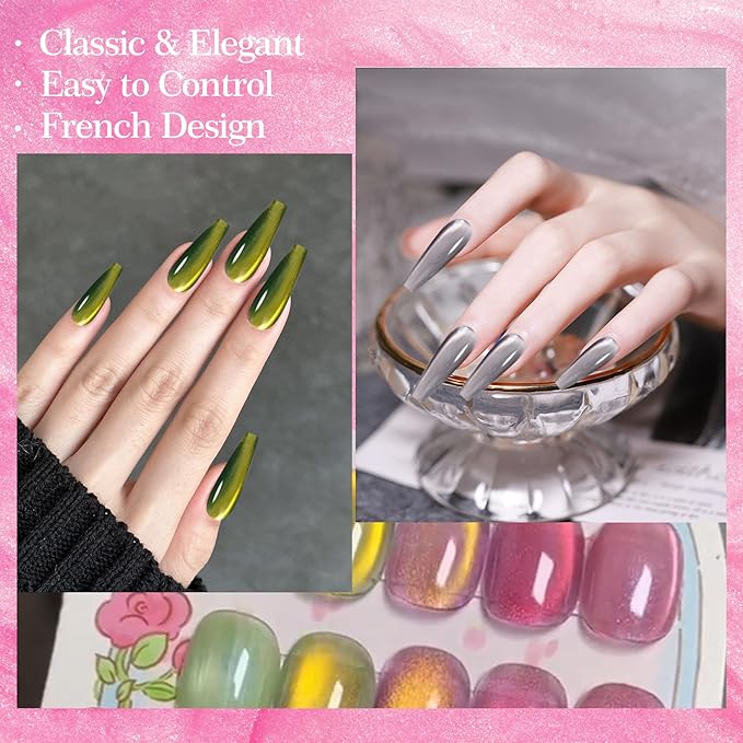 Adhere 8Pcs 12ML Cat Eye Gel Magnet Nail Polish Set, Reflective Glitter Cat Eye,Yellow Green Purple Silver White Color with Magnet