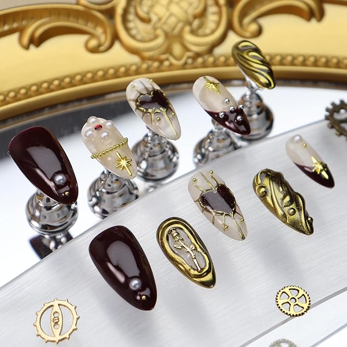 Almond Press on Nails Handmade Medium Long/Stiletto 3D Flower Fake Nail with Designs, Women Reusable False Nails (Golden Rose, M)