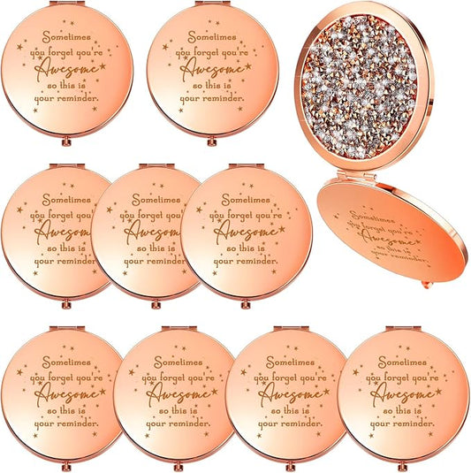 Roowest 10 Pcs Inspirational Compact Mirror Sometimes You Forget You're Awesome Appreciation Gifts for Women Mother's Day Party Favors Magnifying Pocket Mirror (Rose Gold)