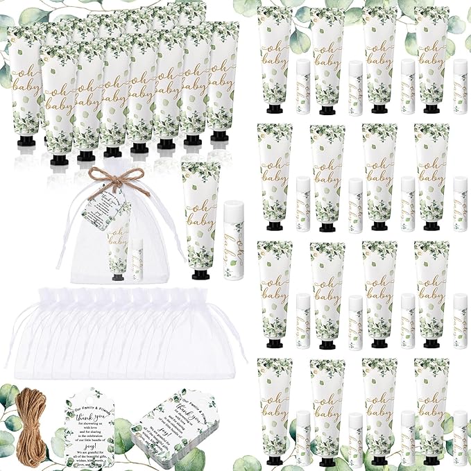 192 Pcs Baby Shower Gifts for Guests Prizes Include 48 Hand Cream and 48 Lip Balm Bulk Bridal Wedding Party Gifts Favor Travel Hand Lotion with Organza Bags Tags for Guests(Oh Baby)