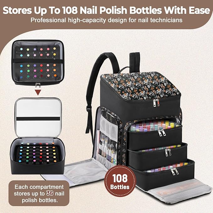 DERSTUEWE Floral Pattern Nail Polish Storage Backpack, Large Capacity Organizer Case with Multiple Compartments, Black