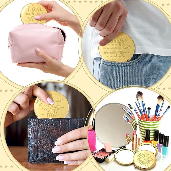 Thyle 12 Pcs Christian Compact Mirror Gifts for Women Bible Verse Bulk Hand Makeup Compact Purse Mirror Inspirational Religious Baptism Gift for Teacher Mother's Day Women Nurse(Gold)