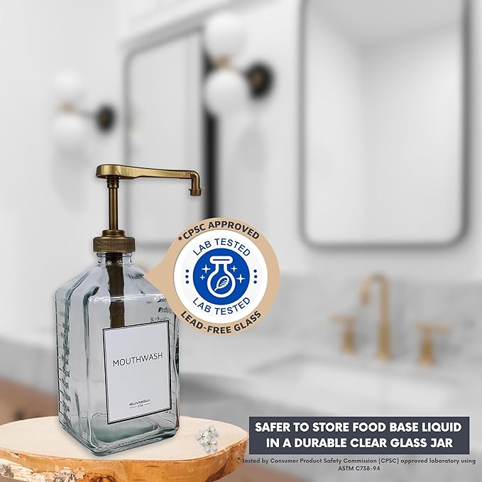 eBun Goldengleam Glass Mouthwash Dispenser (Gold Plastic Pump) 37oz Mouthwash Pump Dispenser, Mouth Wash Holder with Rinse Cup, Mouth Wash Glass Bottle, Decanter, Large Bottle for Bathroom Set