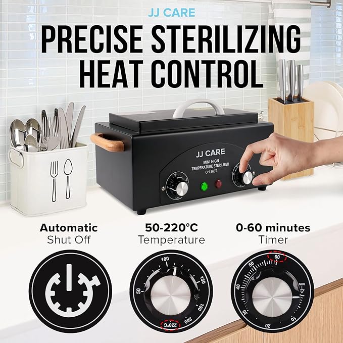 JJ CARE Dry Heat Sterilizer for Metal Tools, 1.8L High Temp Sterilizer for Nail Tools with Timer, Stainless Steel Nail Tool Sterilizer, Auto-Shut Off Sterilization Machine, Nail Sterilizer Machine