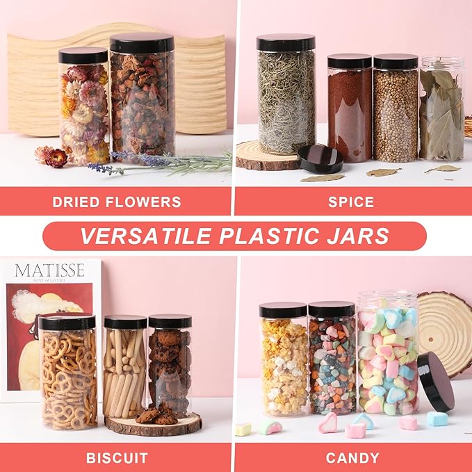 Plastic Jars with Lids 32 oz 6Pack,Empty Clear Plastic Jars with Lids for Storage, Round Leakproof Containers for Nuts,Cookies,Dried Fruit,Small Snacks(32fl.oz,set of 6)