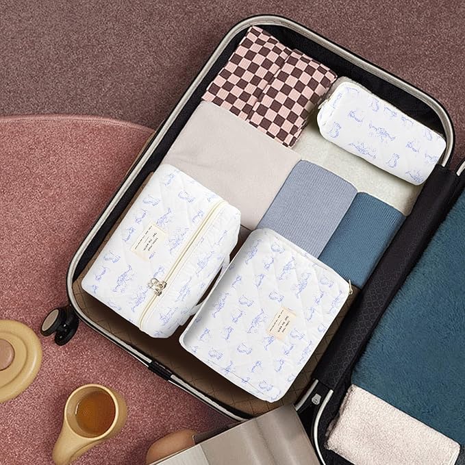 3Pcs Makeup Bag Cotton Quilted Travel Cosmetic Bag Cute Floral Makeup Pouch Large Toiletry Bag for Women Girls (Blue cat)