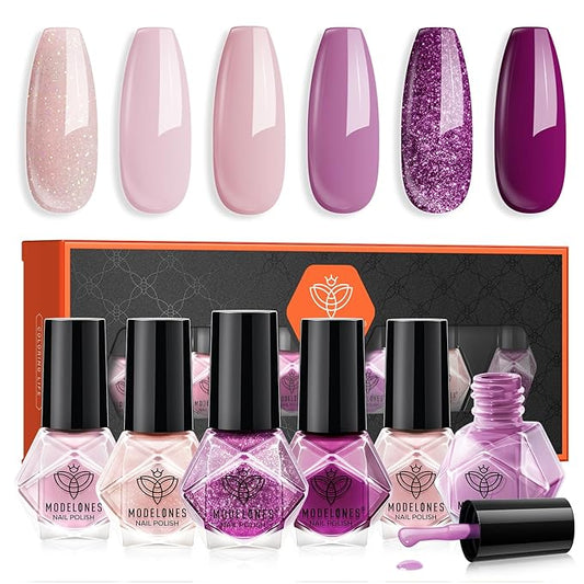modelones Nail Polish Set 6 Colors, Purple Glitter Pink Shimmer Sparkle Mini Nail Lacquer Kit, Infinite Shine Quick Dry Long Lasting Nail Art DIY Home Salon Manicure Gift for Women Girls