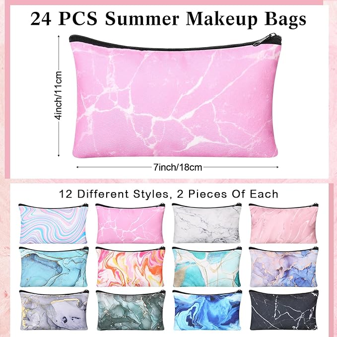 24 Pieces Makeup Bags Bulk Canvas Cosmetic Bags Purse Organizer Zipper Cosmetic Pouch Portable Travel Toiletry Pouch for Women Men Gifts, 7 x 4 Inch (Marble)