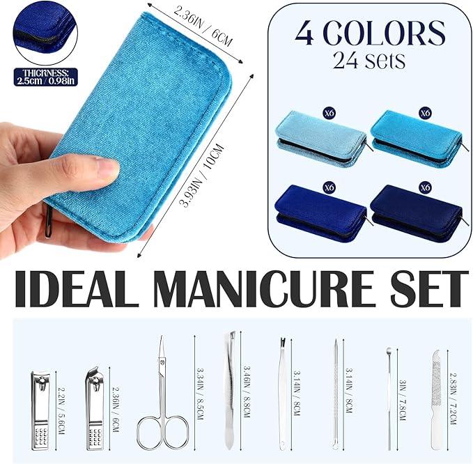 Coume 24 Sets Nail Kit Manicure Set Bulk with Zipper Professional Nail Clippers 8 in 1 Stainless Steel Nail Care Tools with Luxurious Travel Case Gifts for Men Women Friends Colleagues (Blue Series)