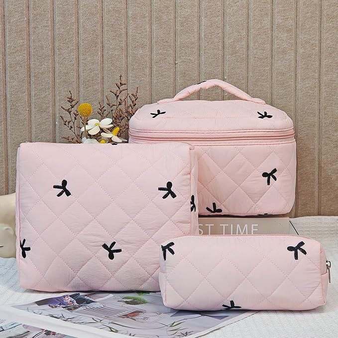 3Pcs Quilted Makeup Bag, Cute Floral Cotton Cosmetic Bag set, Coquette Bow Makeup Pouch Large Travel Toiletry Bag