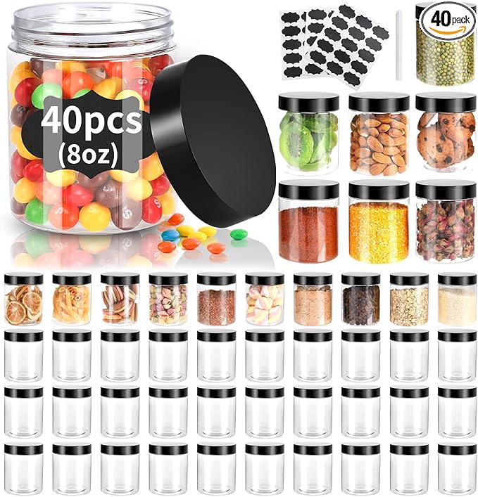 40 Pack Plastic Jars with Lids, Gencywe 8 oz Clear Slime Cosmetics Containers with Pen and Labels, Leakproof Storage Jars, PET Empty Jars with Black Lids for Kitchen Cookie Candy Spices Dry Food Cream