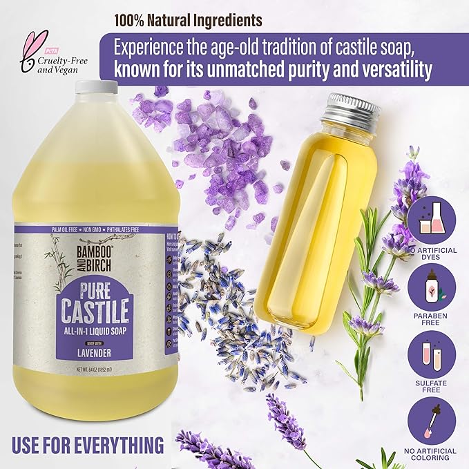 Pure Castile Soap Liquid Organic, Certified Palm Oil Free Natural Soap, Lavender, 64 oz