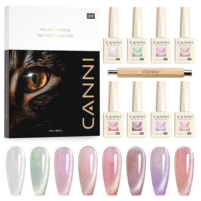 CANNI 8 Pcs 9 ML Cat Eye Gel Nail Polish Set, Pink Green Purple Silver Glitter Rainbow Holographic Cat Eye Gel Polish Kit with Magnet Shimmer Colors Nail Art Manicure Salon DIY Gifts