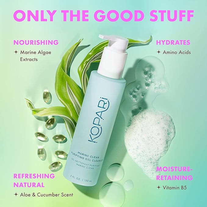 Kopari Marine Clean Purifying Gel Cleanser, Infused with Amino Acids & Vitamin B5, Dual-Action Gel-to-Foam Cleanser, Gentle and Nourishing, 5 oz