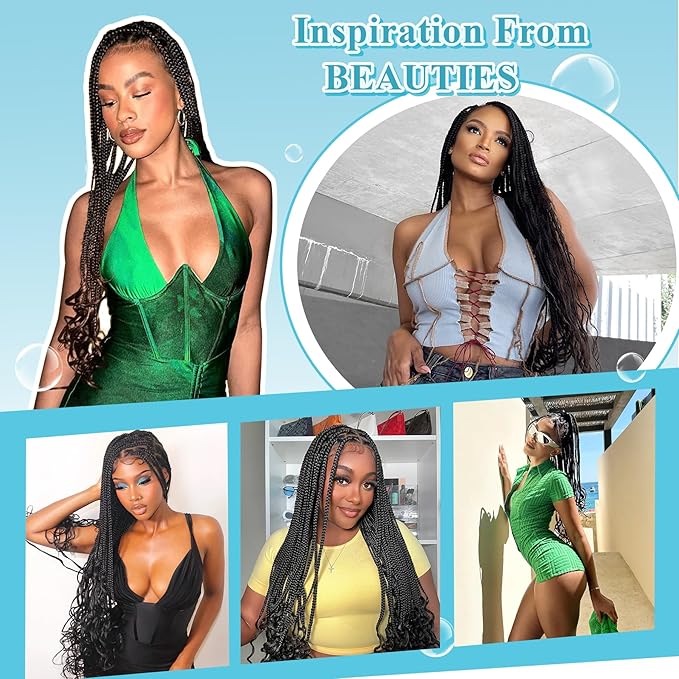 360° HD Full Lace Knotless Braided Wigs for Women Box Braid Wig with Curly End Human Hair Blended Braided Lace Front Wigs with Baby Hair 36 Inch Black