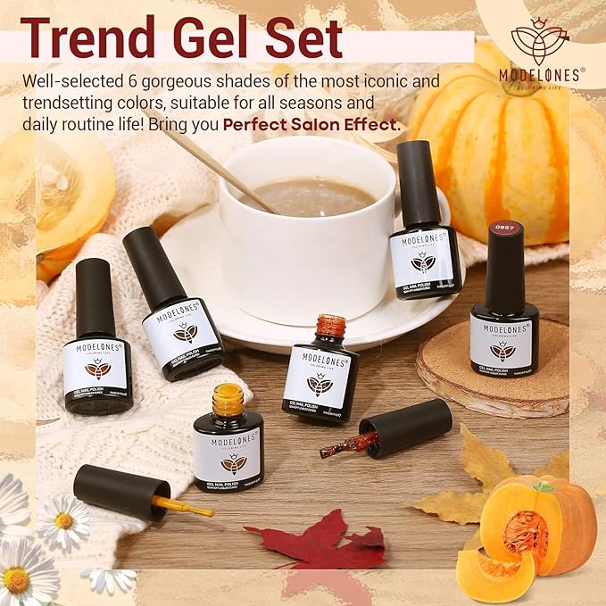 modelones Gel Nail Polish Set, 6 PCS Neutral Nude Brown Gel Polish Gold Glitter Nail Gel Polish Soak OFF LED Nail Art Gel Kit Manicure Salon DIY Nails Gift