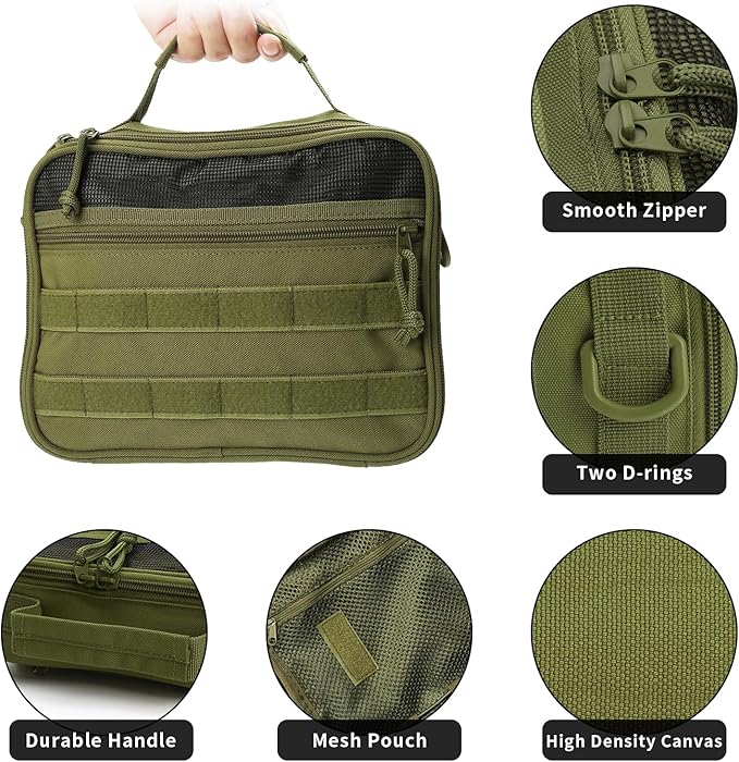 SMONT Mens Toiletry Travel Bag With Double Side full Open Design Travel Toiletry Organizer Dopp Kit Shaving Hygiene Bag Bathroom Hanging Toiletry Bag for Short Trips Tactical Toiletry Bag Army Green