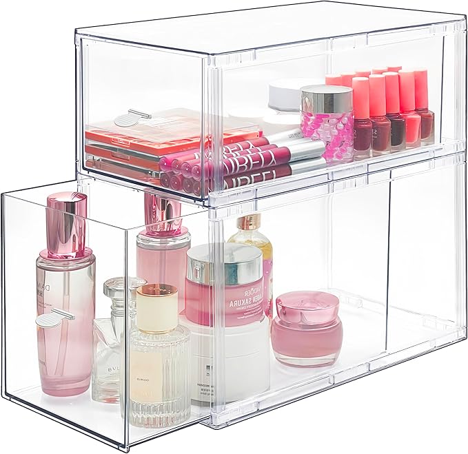 Homecor Clear Makeup Organizer Set of 2, Large Bathroom Storage Drawers, Cosmetic Storage for Vanity Dresser Countertop, Beauty Holder for Lipstick Brush Skincare Valentine's Day Gifts for Her(L+M)