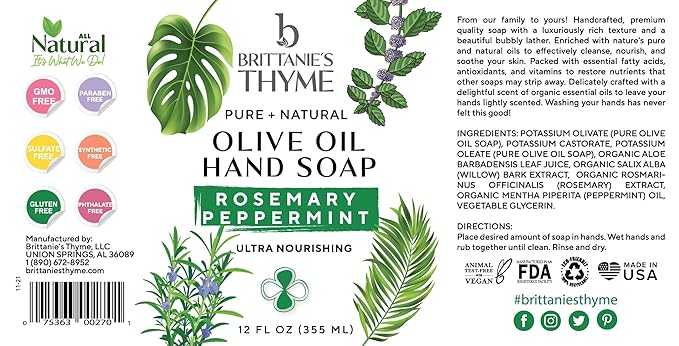 Brittanie’s Pure Castile Liquid Soap Refill, Rosemary Peppermint, 12 Ounce 3 Pack | Dish Soap, Hair & Body, Home, Gentle and Pure, Made with Natural Luxurious Oils, Vegan & Gluten Free Non-GMO