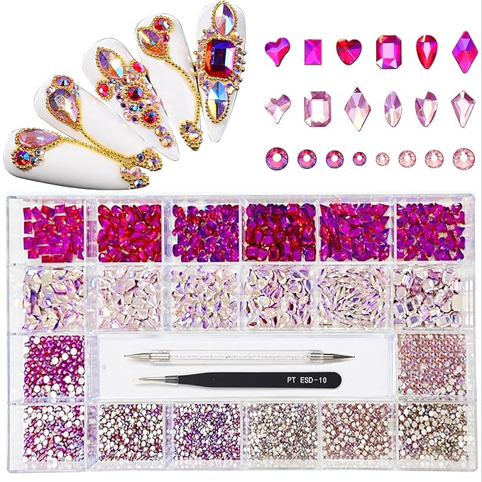 12 Types of Pink AB 600 Diamonds + 2500 Flat Rhinestones Mix 20 Styles Flatback DIY Crafts Rhinestone Crystals 3D Decorations Flat Back Stones Set +Tweezers + Drill Pen