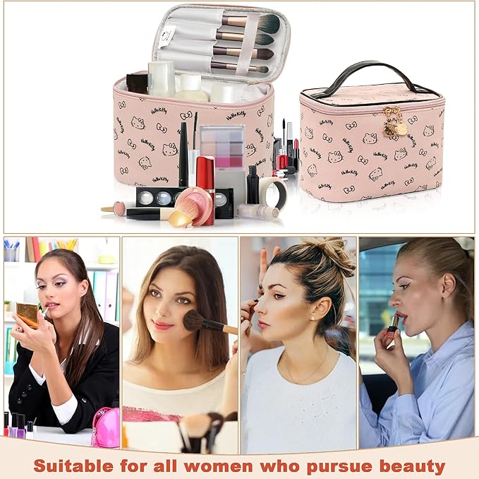 AmBealla Make up Bag Travel Cosmetic Bags Brush Holder Zipper Pouch Case Organizer Cute Organizer Suitable for Purse for Women (Light Pink Bucket Bag)