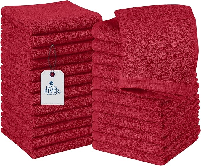 DAN RIVER 100% Cotton Washcloths 24 Pack Premium Quality Face and Body Cloth, Quick Dry Essential Towels for Bathroom, Hand, Kitchen & Cleaning, Baby Washcloths | 12X12 in | 400 GSM | Red