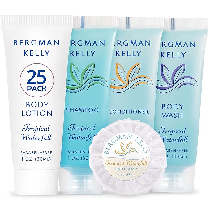 BERGMAN KELLY - Hotel Toiletries Bundle - Tropical Waterfall, 1 oz each, 125 Pieces - 5-Piece Set: 25 each Round Bar Soap, Shampoo, Conditioner, Body Lotion & Body Wash - Bulk Mini Guest Amenities