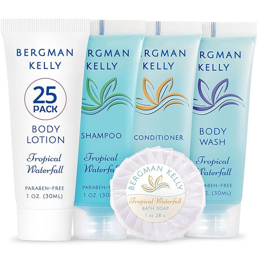 BERGMAN KELLY - Hotel Toiletries Bundle - Tropical Waterfall, 1 oz each, 125 Pieces - 5-Piece Set: 25 each Round Bar Soap, Shampoo, Conditioner, Body Lotion & Body Wash - Bulk Mini Guest Amenities