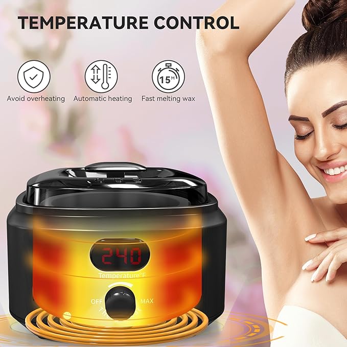 Waxing Kit for Women Men, Digital Wax Kit with Silicone Bowl & 4 Bags Hard Wax Beads, Portable Wax Warmer for Sensitive Skin Full Body Hair Removal, Brazilian Bikini, Eyebrow, Face (Black)
