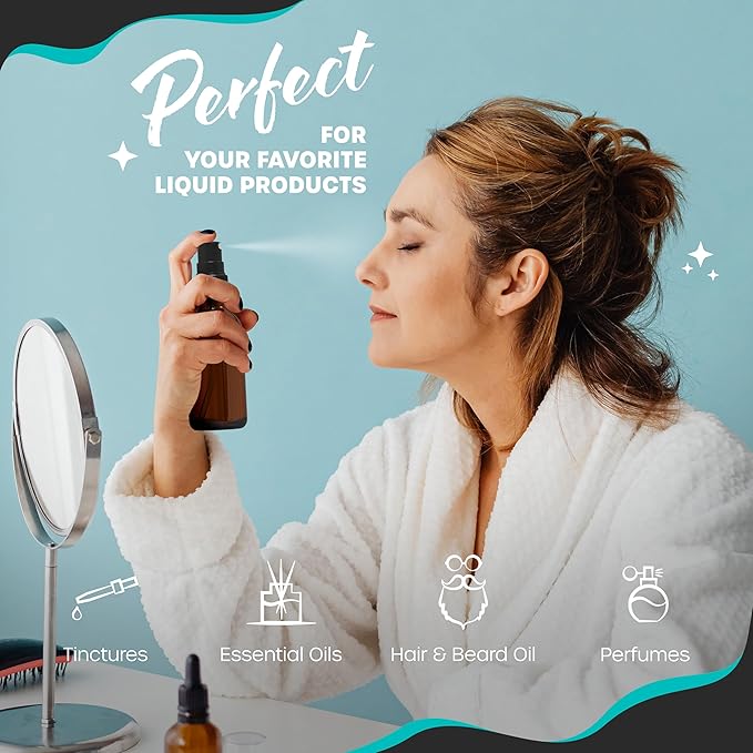 Nevlers 4 Oz Amber Glass Spray Bottles 3 Pack | Small Glass Spray Bottle Set with Shrink Wraps and Funnel | Leakproof Oil Spray Bottle and Spritzer Bottles for Hair, Body, & More