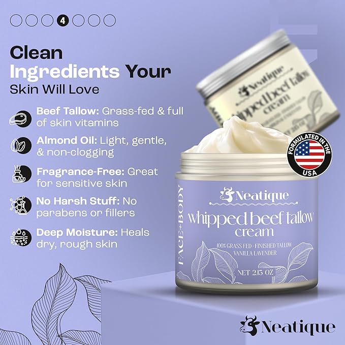 100% Grass Fed Beef Tallow for Skin Care by Neatique | Face & Body | Whipped Moisturizer for Skin | with Organic Beeswax & Organic Honey Balm | All Natural Formula, 2.13oz (2.13 Ounce, Lavender)