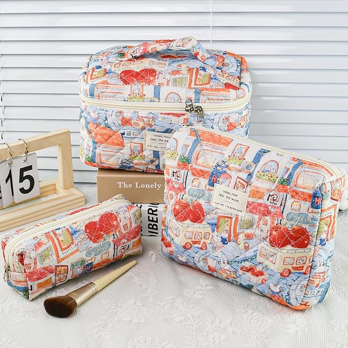 Makeup Bag, 3 PCS Quilted Makeup Bag, Cute Floral Cotton Cosmetic Bag set, Coquette Makeup Pouch Large Travel Toiletry Bag