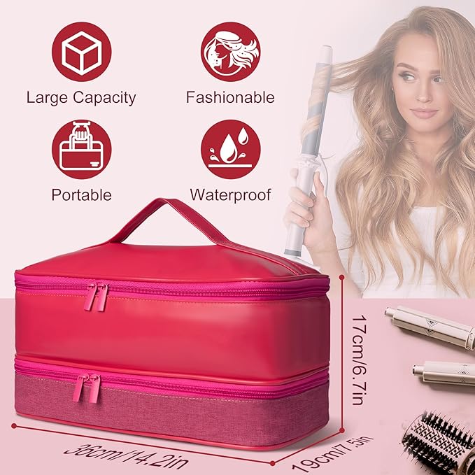 Travel Carrying Case for Shark Flex Style, Double Layer Hair Dryer Accessories Tools Storage Case, Waterproof PU Leather Organizer Bag for Shark Flexstyle/Dyson Airwrap Styler and Attachments (Pink)