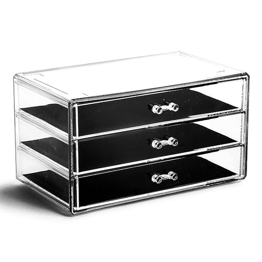 BINO | 3-Drawer Makeup Organizer, Park Avenue | THE MANHATTAN SERIES | Modular Design Storage Drawers | Vanity Acrylic Organizers | Stackable Storage Bins | Clear Makeup Organizers And Storage