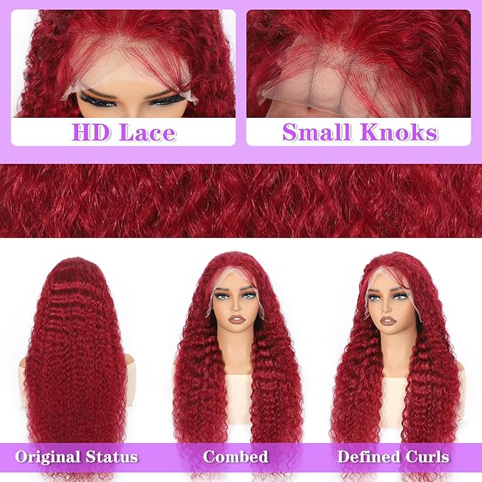 34 Inch 99j Burgundy Lace Front Wig Human Hair 200 Density 13x4 Deep Wave Pre Plucked Wine Red Curly Wet Wavy HD Full Lace Frontal Glueless for Women