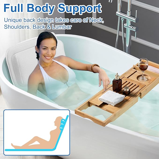 Full Body Bath Pillow for Bathtub, Thick Bath Pillow for Tub with Non-Slip Suction Cups, Bathtub Cushion with Pillow, Luxury Tub Pillow for Bath, Headrest Neck and Back Support, 5D Air Mesh
