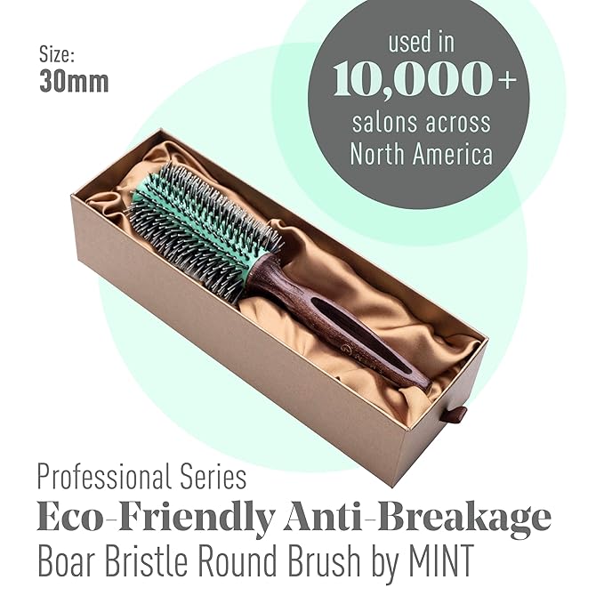 MINT Eco-Friendly Boar Bristle Round Brush for Blow Drying | Durable Blowout Styling for All Hair Types | Ceramic Round Brush with Hand-Crafted Wooden Handle (30 mm)