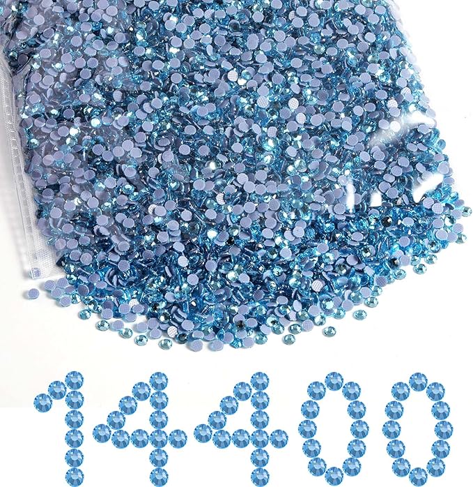 Beadsland Hotfix Rhinestones Bulk, 14400PCS Crystal Hot Fix Rhinestones for Crafts Clothes DIY Decoration, Aquamarine, SS10, 2.7-2.9mm