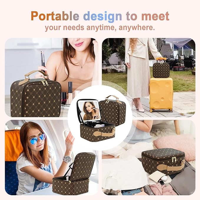 Travel Makeup Bag With 360° rotating LED Mirror,Waterproof cosmetic organizer,Portability Cosmetic case,Makeup organizer,Gift for Women,Girls Gift (Brown)