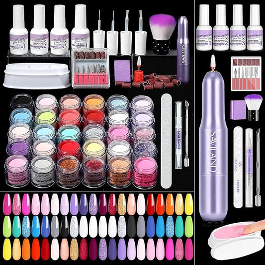 SAVILAND 103 Pcs Dip Powder Nail Kit with Nail Drill: 30 Colors Pink Glitter Red Blue Purple Dip Nails Powder Starter Kit Dip Nail Liquid Set Dip Base & Top Activator Brush Saver Manicure