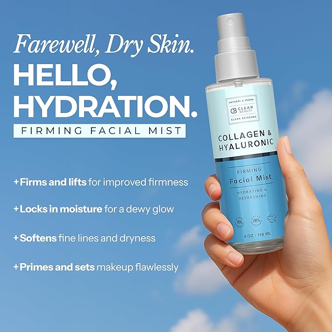 Clear Beauty Hyaluronic Acid & Collagen Face Mist - Dermatologist Tested, Moisturizes & Tones Skin, Anti-Aging, Natural Ingredients, Cruelty-Free, 95% Natural - All Skin Types - 4 OZ
