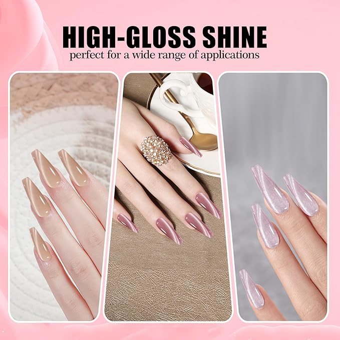 Adhere 7Pcs 12ML Cat Eye Soak Off UV LED Gel Nail Polish Set, Reflective Glitter Cat Eye, Sparkling Diamond Magnetic Transparent Pink Color with Magnet