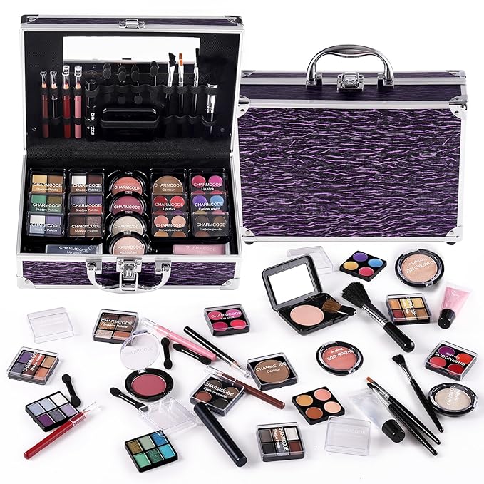 Makeup Kit for Teen Girls & Women Full Kit, Beauty Train Case with Starter Cosmetic Set, Make Up Valentine's Gift Box with Eyeshadow,Lipgloss,Highlighter,Blush,Lip&Eye Pencils,Brush & More(Purple)