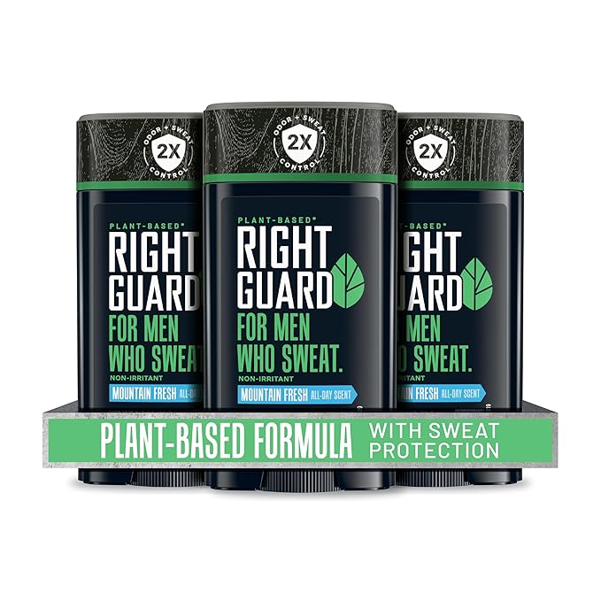 Right Guard Plant Based Invisible Solid Antiperspirant & Deodorant For Men with Sensitive Skin | Blocks Sweat 2X Longer | Made with Shea Butter & Marula Oil | Mountain Fresh Scent, 2.6 oz. (3 Pack)