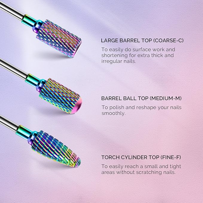 MelodySusie Nail Drill Bits Set, 7pcs Tungsten Carbide Diamond Nail Drill Bits for Acrylic Nails Poly Gel Cuticle Remove, 3/32'' Professional Nail Bits for Nail Drill Efile, Manicure Pedicure Tools