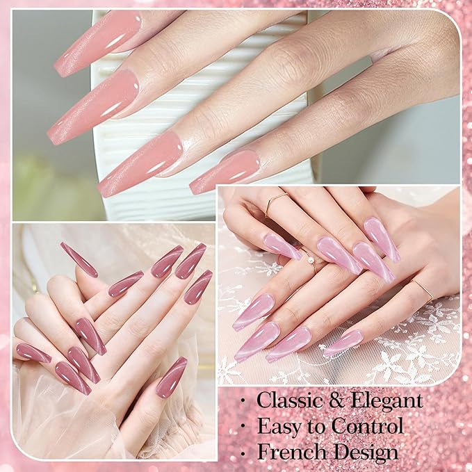 Adhere 7Pcs 12ML Cat Eye Soak Off UV LED Gel Nail Polish Set, Reflective Glitter Cat Eye, Sparkling Diamond Magnetic Transparent Pink Color with Magnet