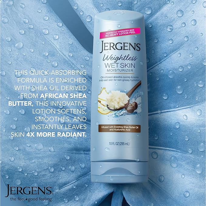 Jergens Wet Skin Body Moisturizer with Shea Butter Oil, Pure Shea Butter In Shower Bod Lotion, Moisturizer for Dry Skin, Fast-Absorbing, Non-Sticky, Dermatologist Tested, 10 Oz