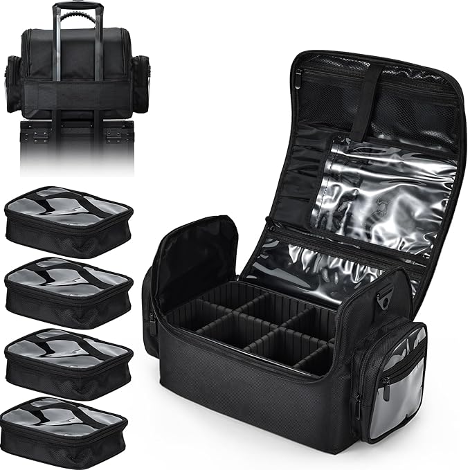 18.1" Extra Large Makeup Bag, Travel Makeup Organizer Big Makeup Cases Make up Cosmetic Train Case Professional Organizer Box Cosmetology Bag for Artist,Nail,Tattoo with 4 Clear Pouch Bags