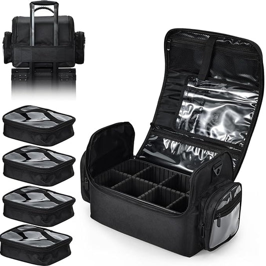 18.1" Extra Large Makeup Bag, Travel Makeup Organizer Big Makeup Cases Make up Cosmetic Train Case Professional Organizer Box Cosmetology Bag for Artist,Nail,Tattoo with 4 Clear Pouch Bags